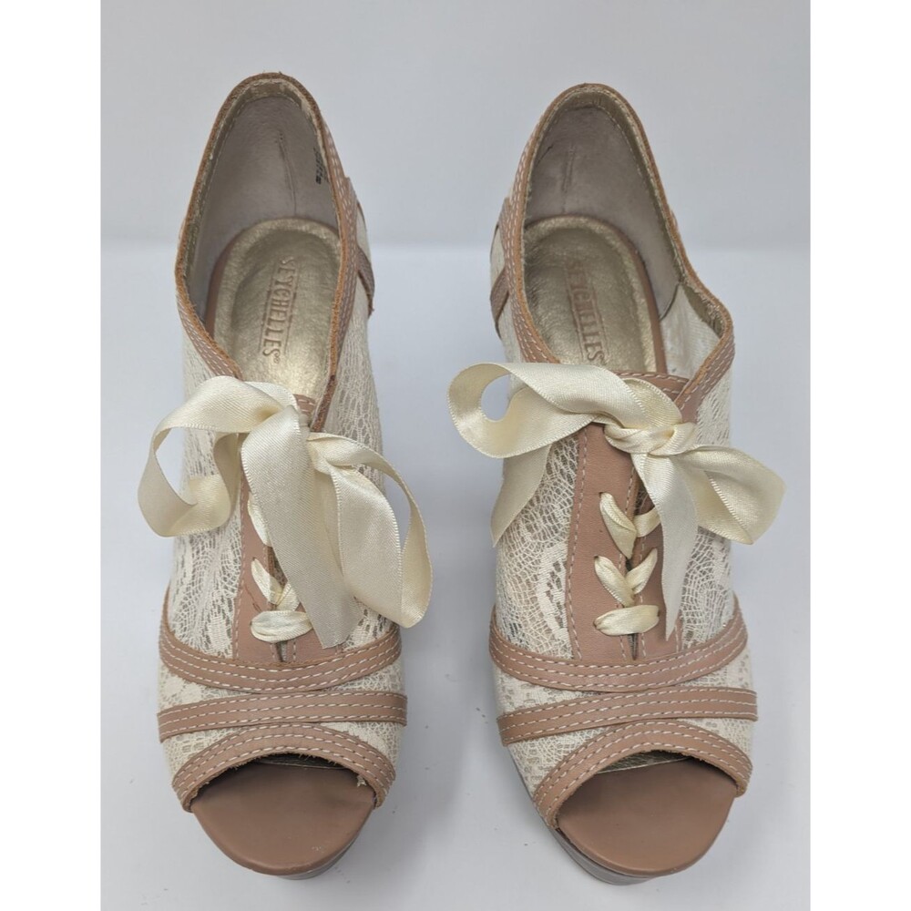 Seychelles Ivory Lace Ribbon Peep Toe Wedge Booties Sz 8 Boho Cottagecore Bridal - Picture 4 of 9
